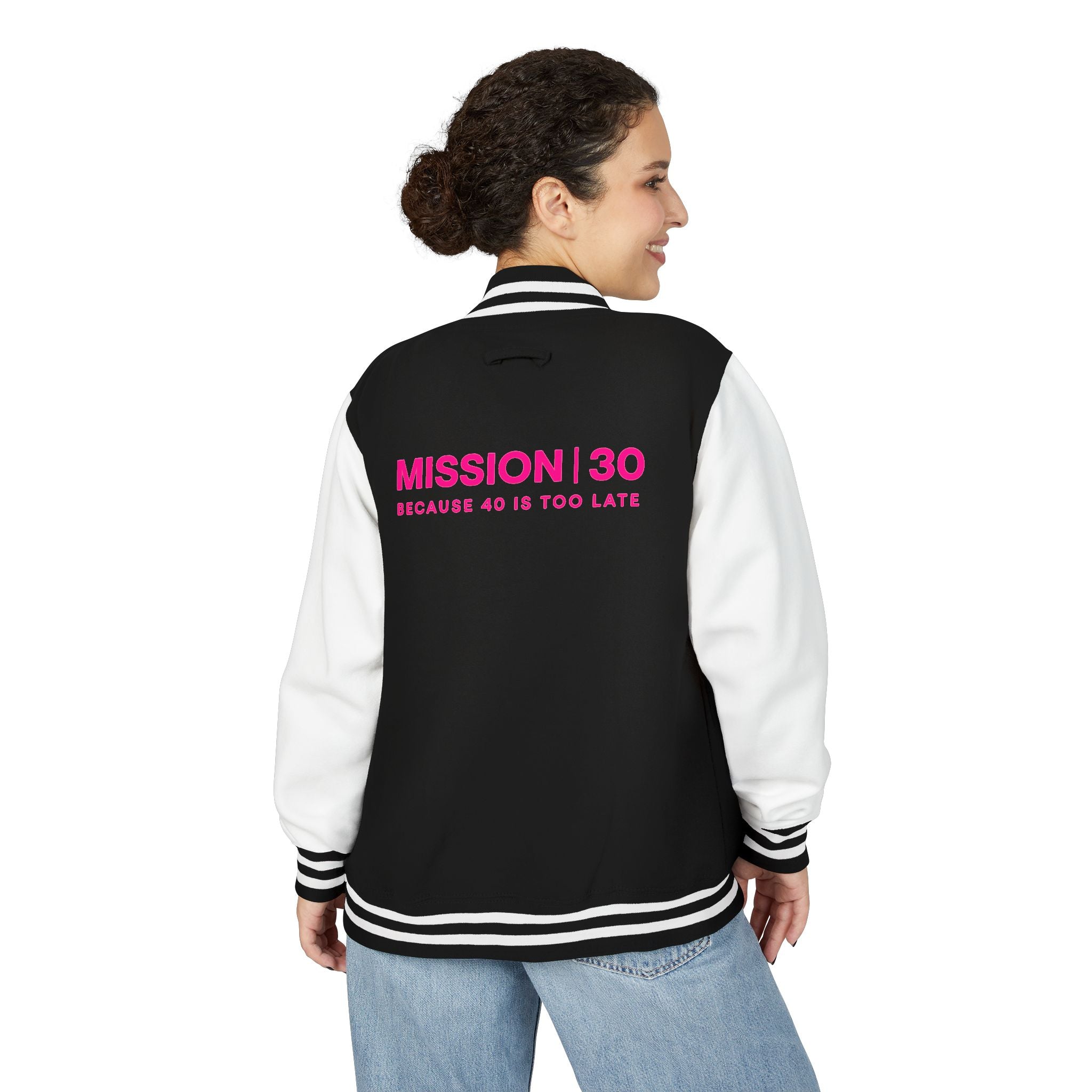Letterman Jacket — "MISSION | 30" Retro Pink Logo Back Varsity Jacket