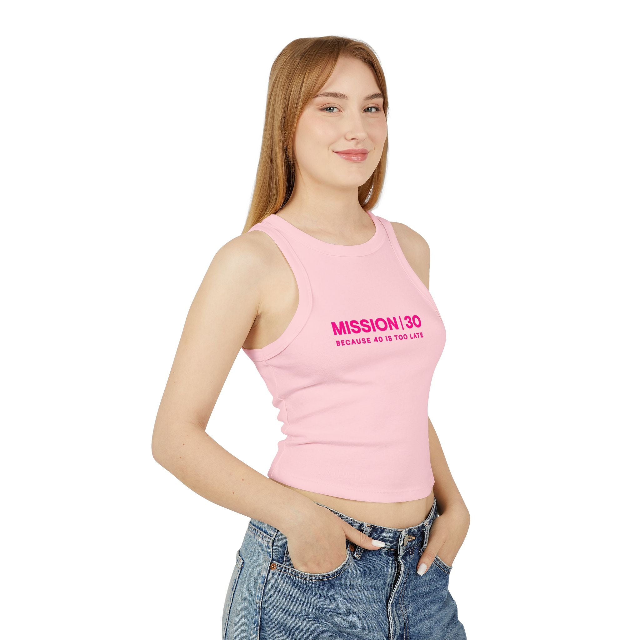 Racer Tank — "MISSION | 30" Pink Graphic Cropped Tank Top