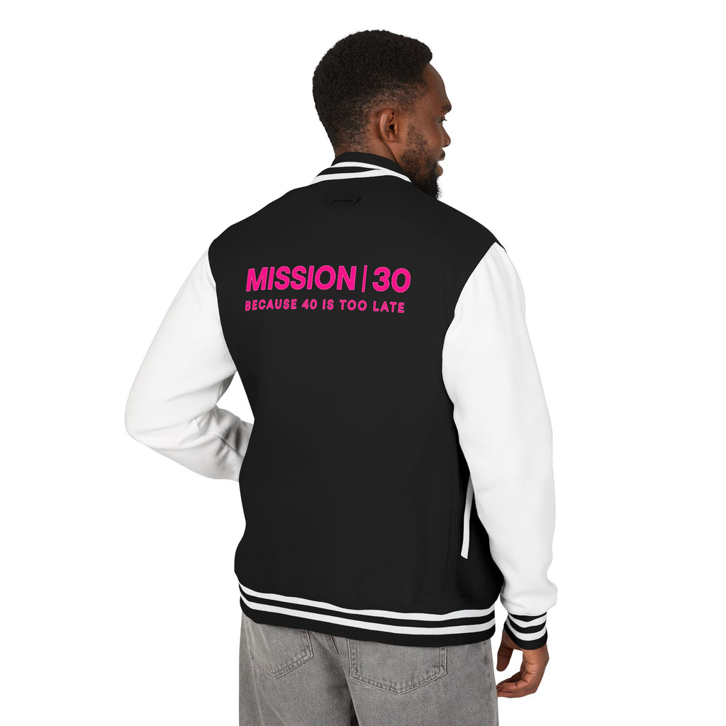 Letterman Jacket — "MISSION | 30" Retro Pink Logo Back Varsity Jacket