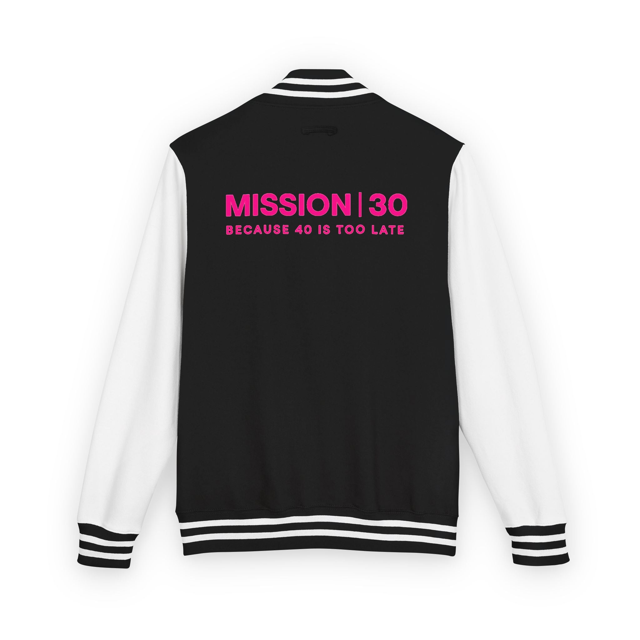 Letterman Jacket — "MISSION | 30" Retro Pink Logo Back Varsity Jacket