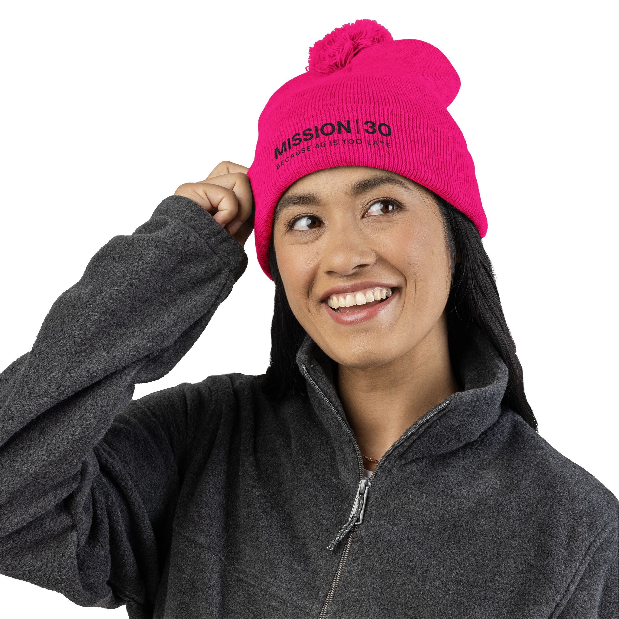 Mission 30 Embroidered Pom-Pom Beanie — "Because 40 Is Too Late" Knit Cap
