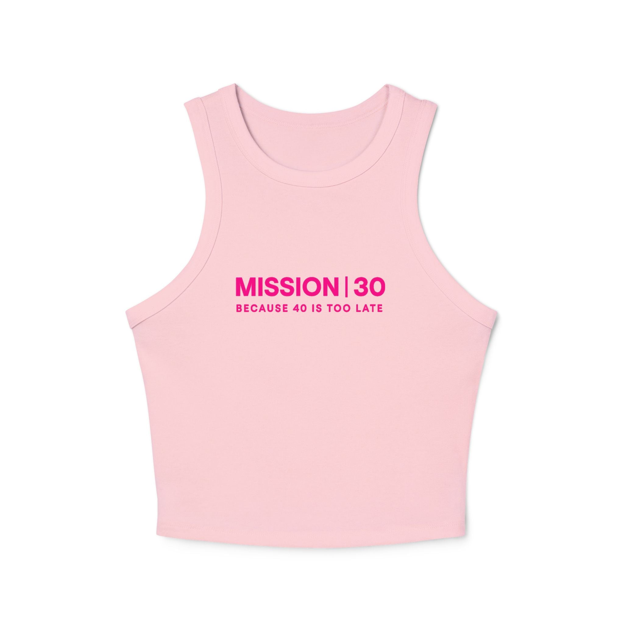 Racer Tank — "MISSION | 30" Pink Graphic Cropped Tank Top